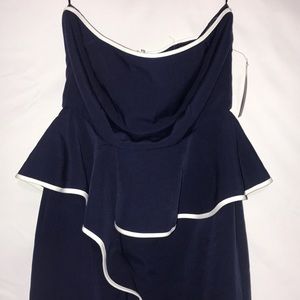 Navy Blue and White Strapless Eva Mendez Dress